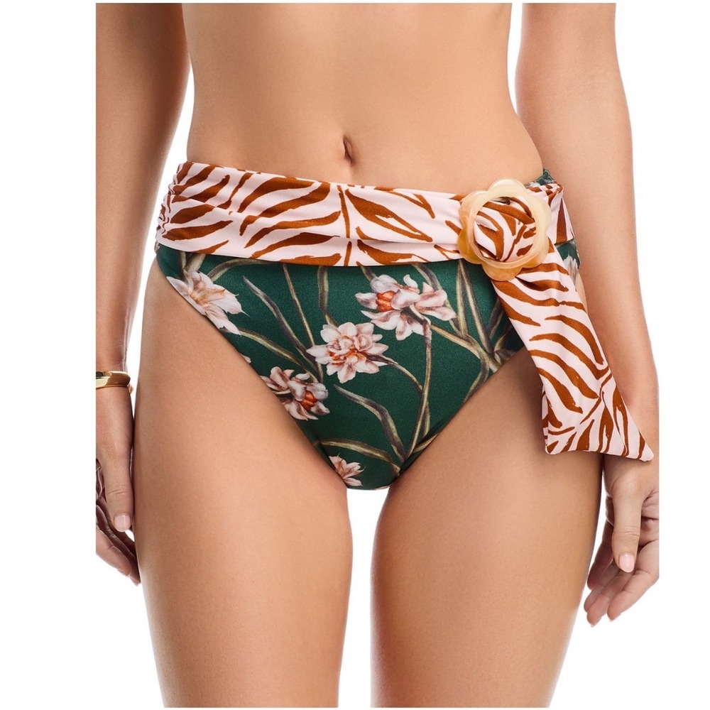 PatBO Botanic Retro High Waisted Bikini Bottom Dark Green Floral Zebra Small NWT